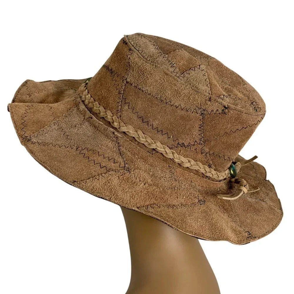 VTG Brown Suede Patchwork Western Hat Braided Band Unisex Handmade Mexico SZ M
